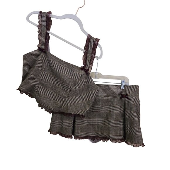 Dolls Kill West Of Melrose Brown Plaid Pleated Mini Skirt Set Size L/XL - Picture 2 of 9